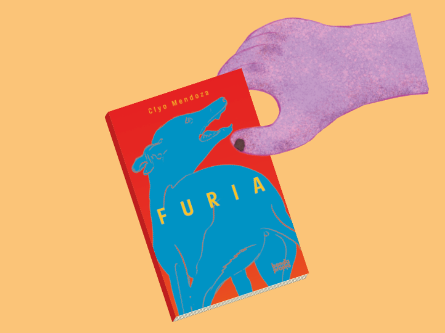 Portada del libro Furia de Clyo Mendoza con ilustración de perro azul sobre fondo rojo.
