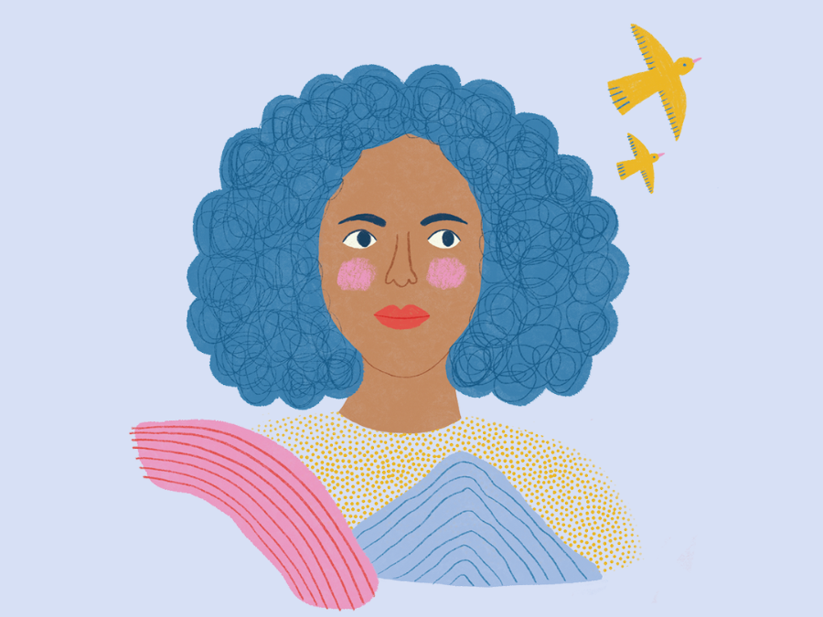 Ilustración de persona con cabello rizado azul y aves amarillas en fondo lila.